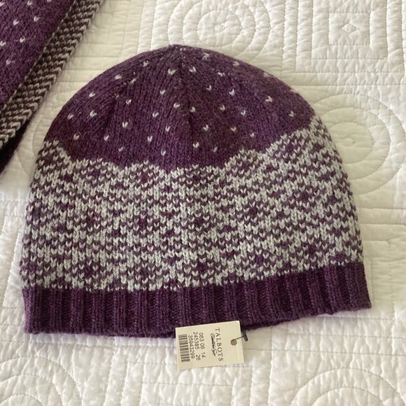 NWT Talbots Knit Hat & Scarf Set Purple Pattern Wool Blend - Picture 11 of 11